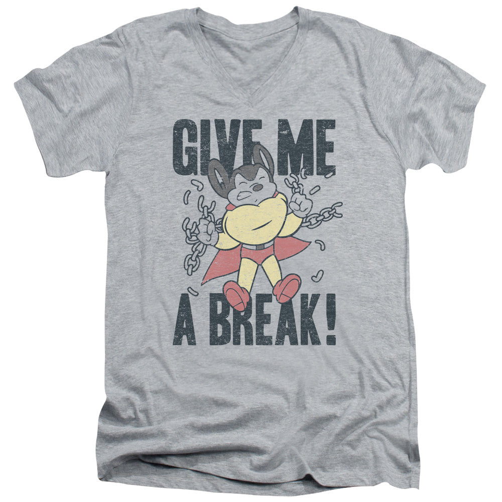 Mighty Mouse Give Me a Break Mens Slim Fit V-Neck T Shirt Athletic Heather