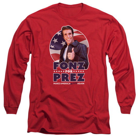 Happy Days Fonz For Prez Mens Long Sleeve Shirt Red Officially Licensed
