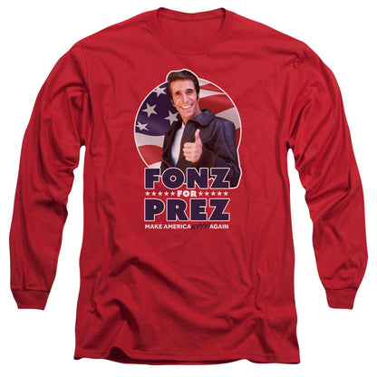 Happy Days Fonz For Prez Mens Long Sleeve Shirt Red Officially Licensed