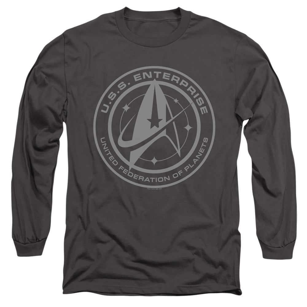 Star Trek Discovery Enterprise Crest Mens Long Sleeve Shirt Charcoal Officially Licensed