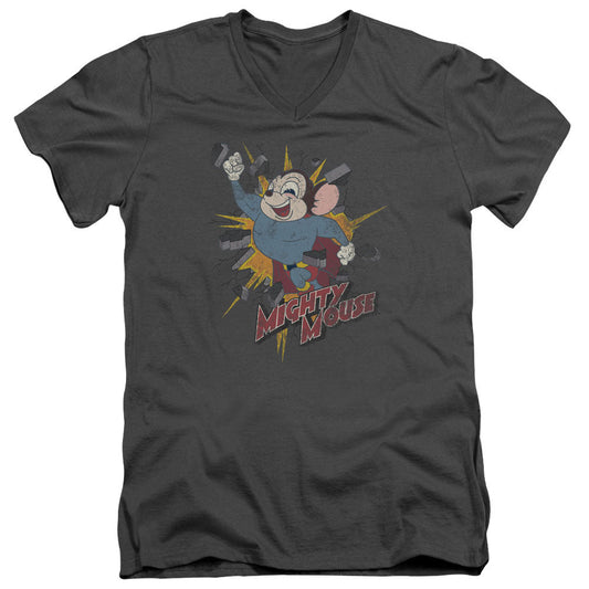 Mighty Mouse Break Through Mens Slim Fit V-Neck T Shirt Charcoal