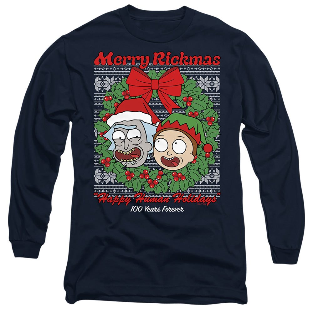 Rick And Morty Merry Rickmas Ugly Christmas Mens Long Sleeve Shirt Navy Officially Licensed