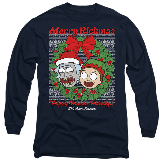 Rick And Morty Merry Rickmas Ugly Christmas Mens Long Sleeve Shirt Navy Officially Licensed