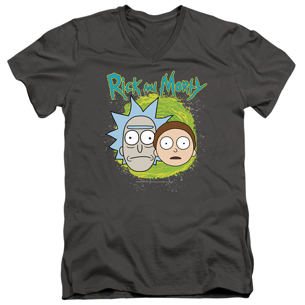 Rick And Morty Floating Heads Mens Slim Fit V-Neck T Shirt Charcoal