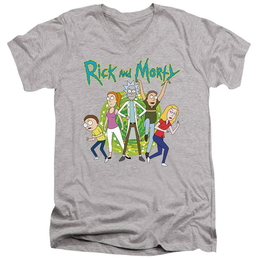 Rick And Morty Family Fights Together Mens Slim Fit V-Neck T Shirt Athletic Heather