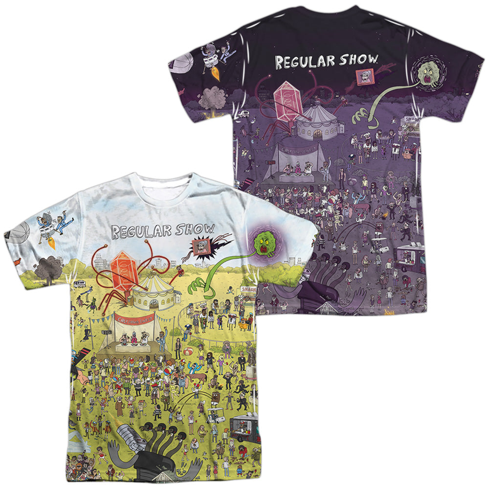 Regular Show Group Shot Front Back Print-Mens Poly Crew T Shirt-White