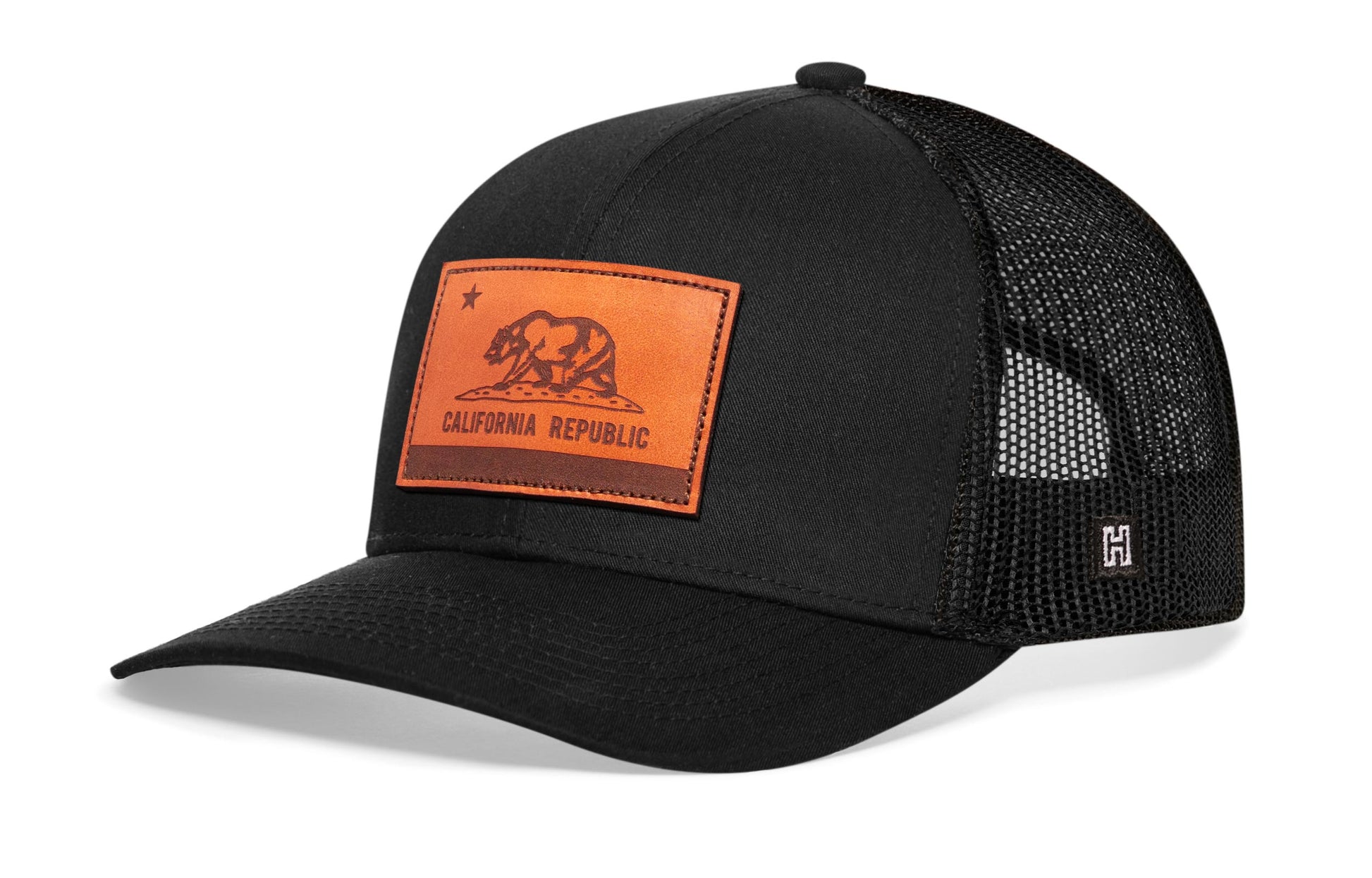 California Flag Trucker Leather Haka Hat Black CA Snapback