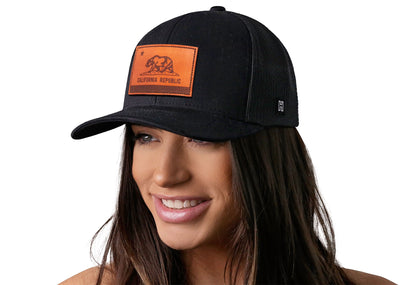 California Flag Trucker Leather Haka Hat Black CA Snapback