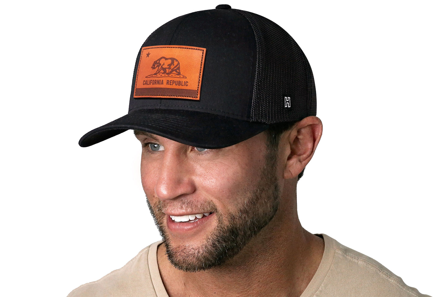 California Flag Trucker Leather Haka Hat Black CA Snapback
