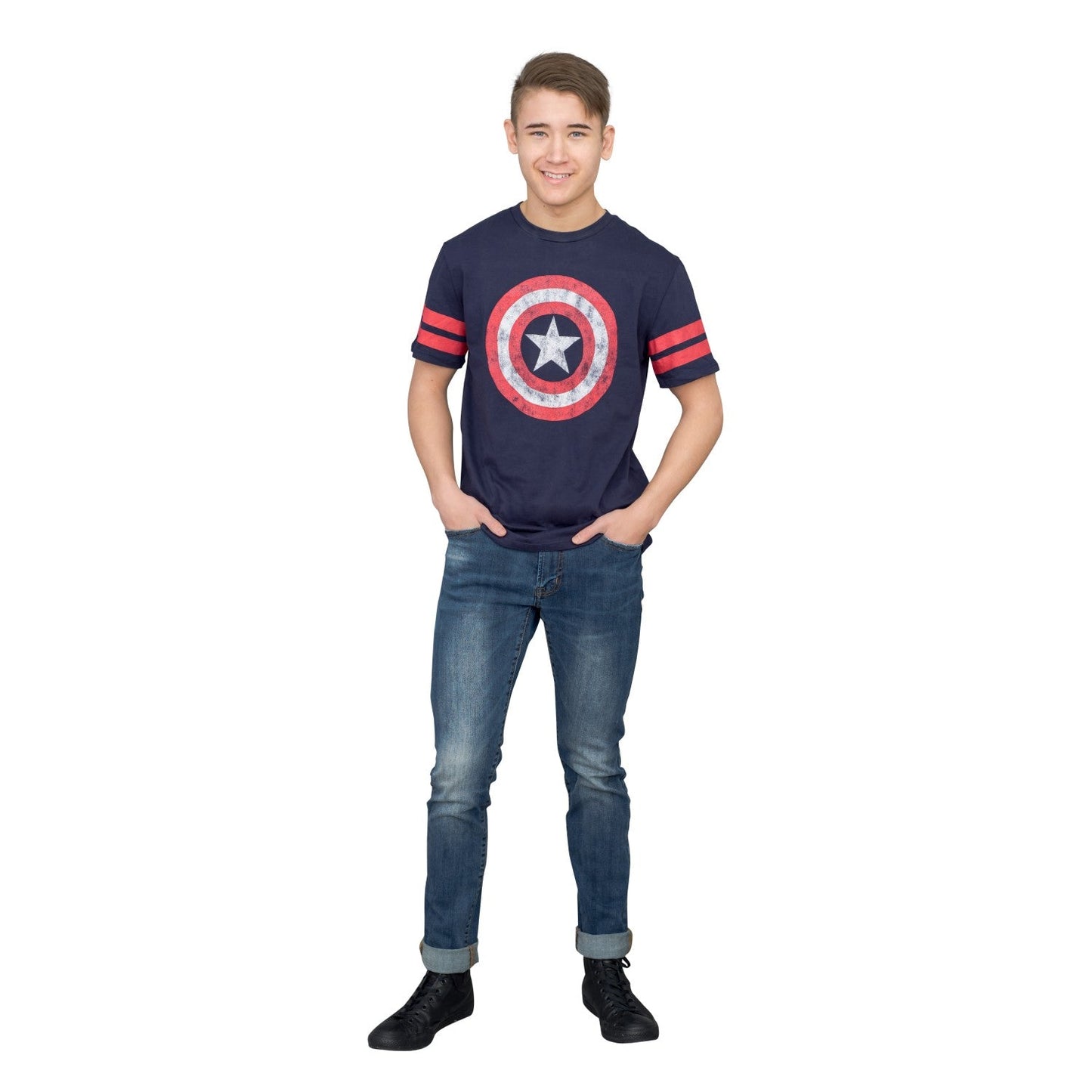 Captain America Distressed Shield Striped Sleeves T Shirt