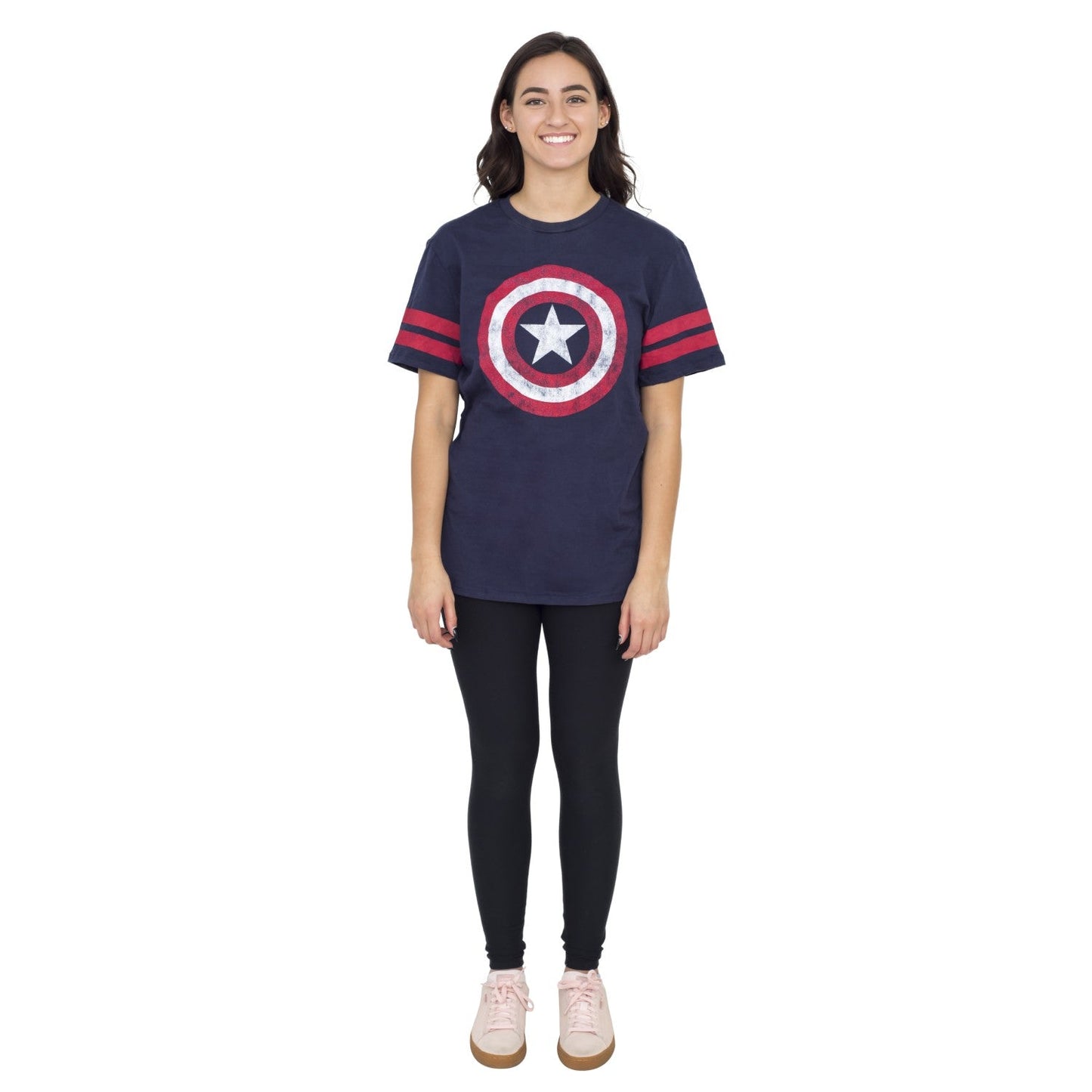 Captain America Distressed Shield Striped Sleeves T Shirt