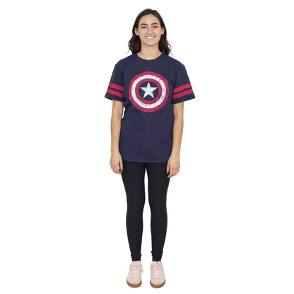 Captain America Distressed Shield Striped Sleeves T Shirt