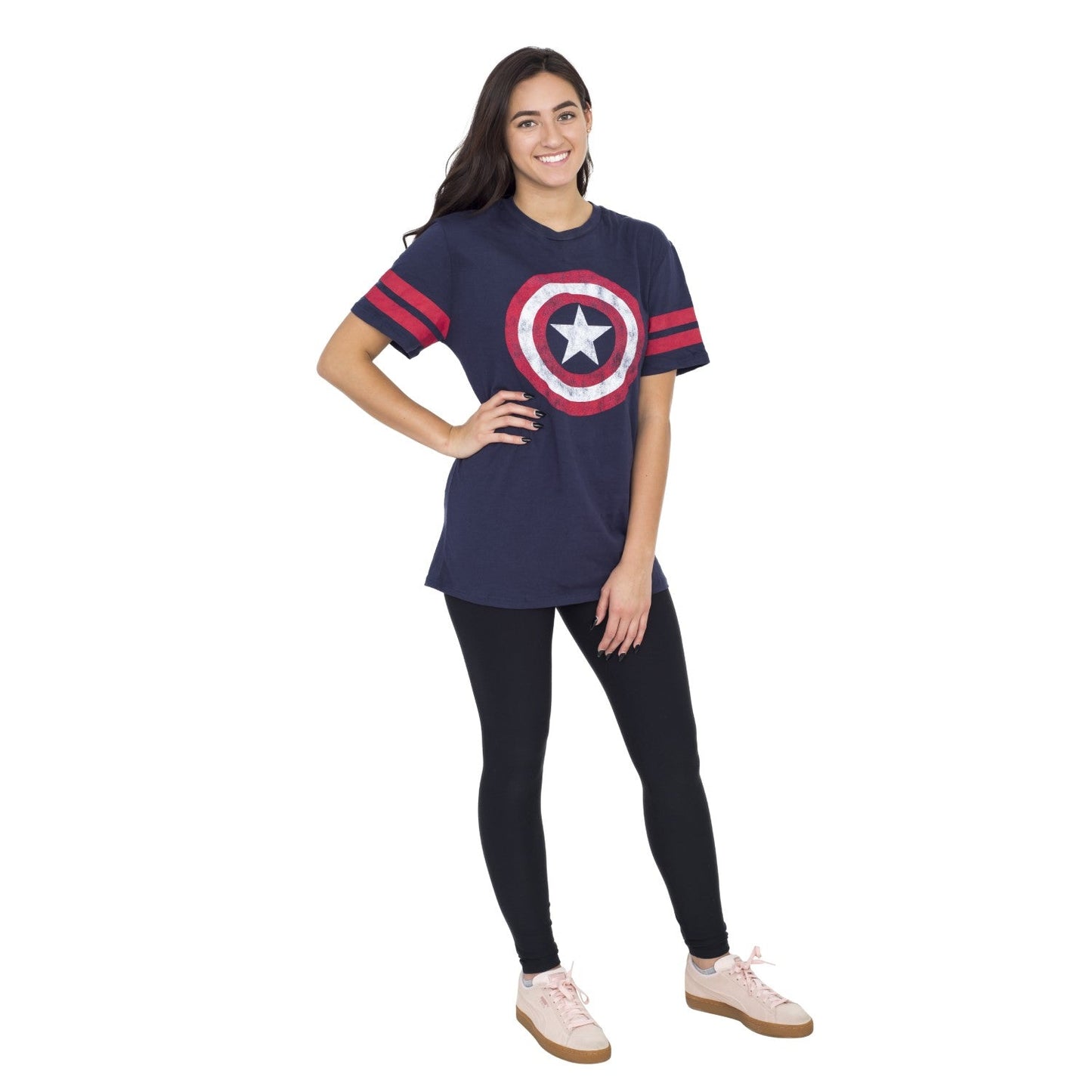Captain America Distressed Shield Striped Sleeves T Shirt