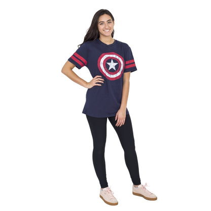Captain America Distressed Shield Striped Sleeves T Shirt