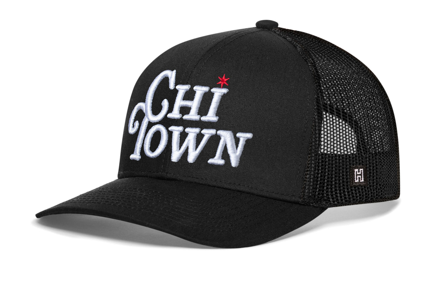 Chi Town White Script Trucker Haka Hat Black Illinois Snapback