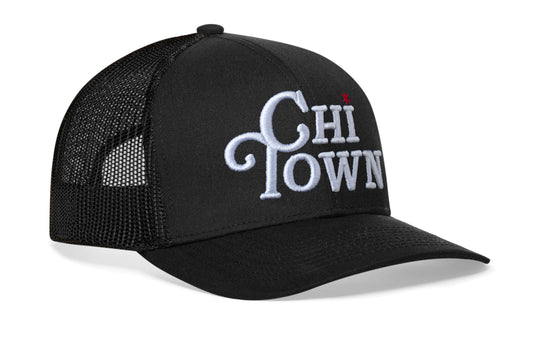 Chi Town White Script Trucker Haka Hat Black Illinois Snapback