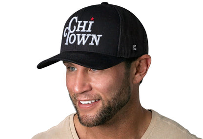 Chi Town White Script Trucker Haka Hat Black Illinois Snapback