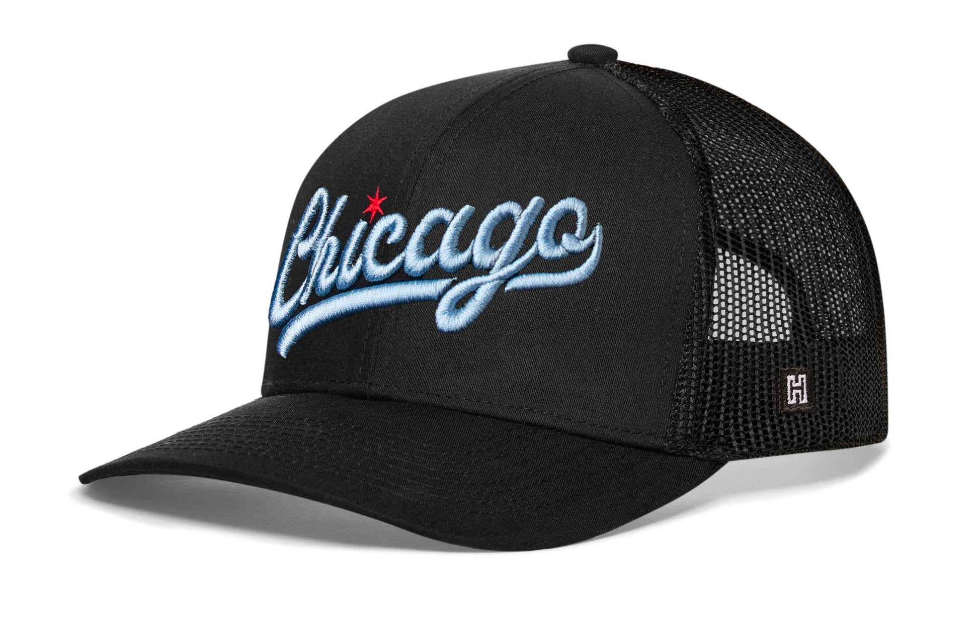 Chicago Light Blue Script Trucker Haka Hat Black Illinois Snapback