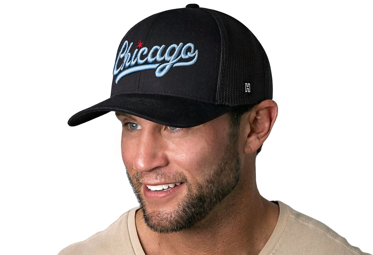 Chicago Light Blue Script Trucker Haka Hat Black Illinois Snapback