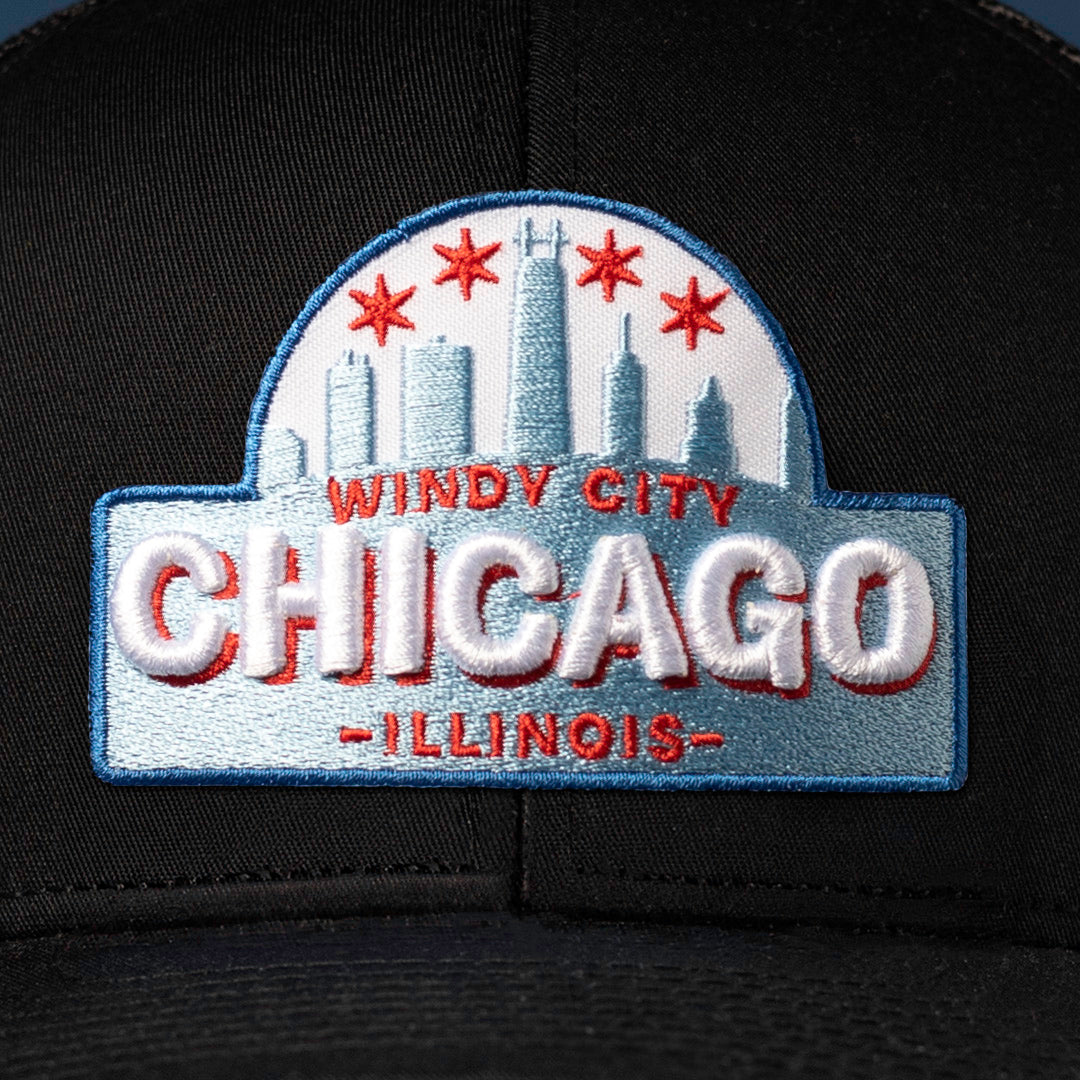 Chicago Windy City Trucker Haka Hat Black Cityscape Snapback