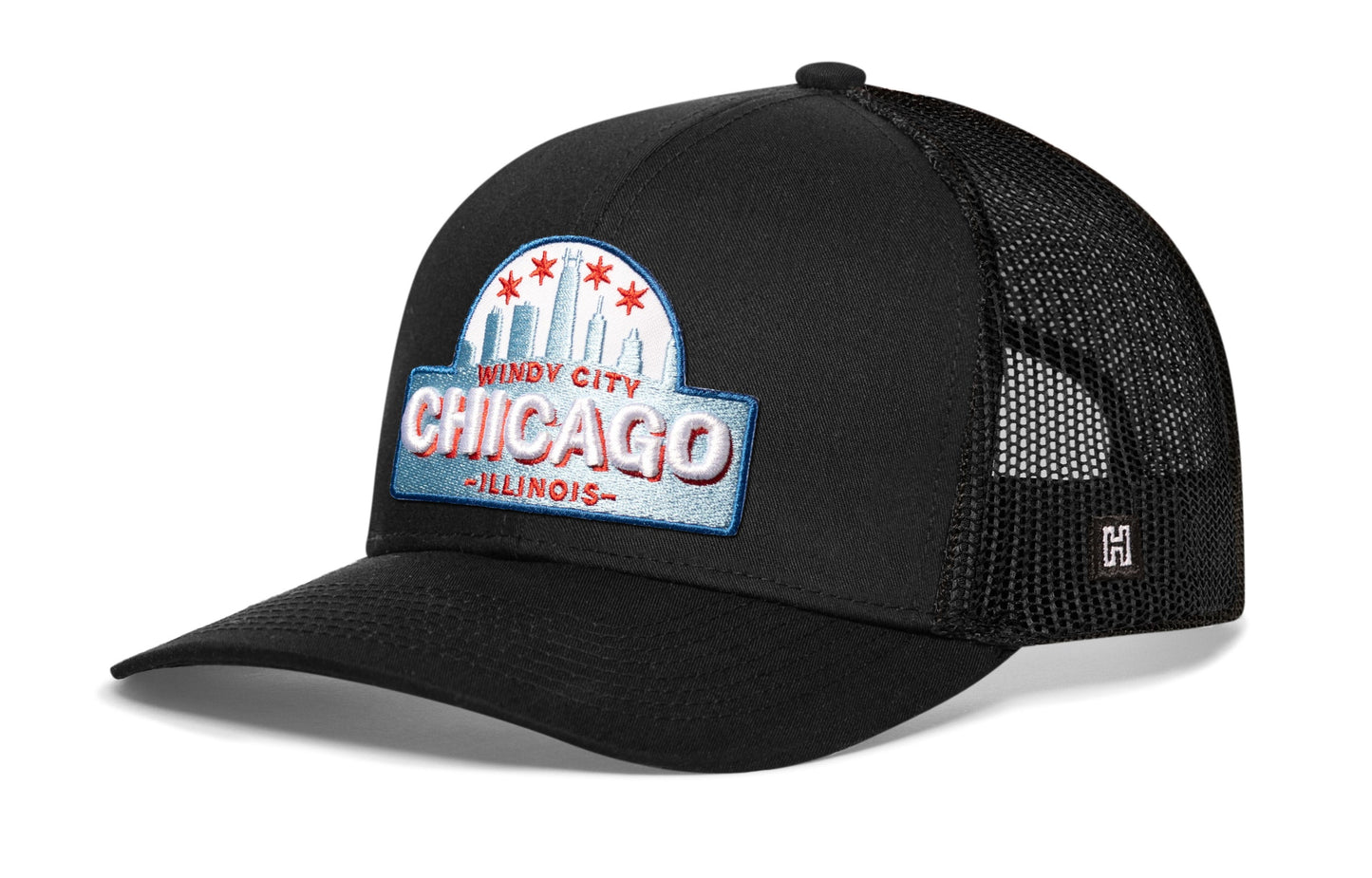 Chicago Windy City Trucker Haka Hat Black Cityscape Snapback