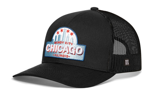 Chicago Windy City Trucker Haka Hat Black Cityscape Snapback