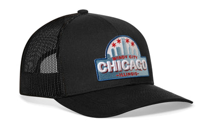 Chicago Windy City Trucker Haka Hat Black Cityscape Snapback