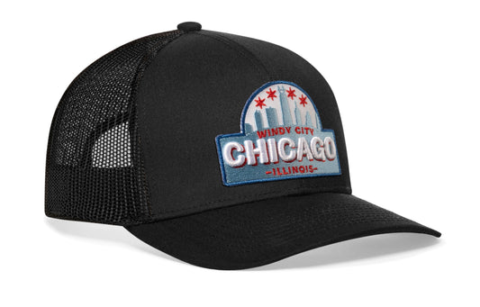 Chicago Windy City Trucker Haka Hat Black Cityscape Snapback