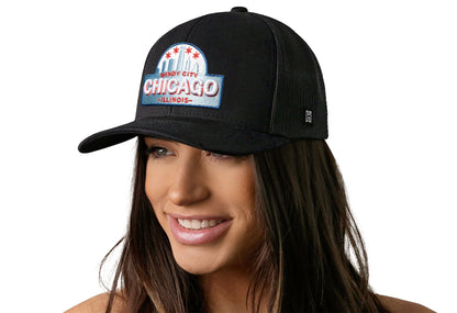 Chicago Windy City Trucker Haka Hat Black Cityscape Snapback