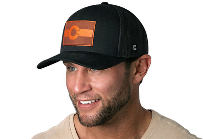 Colorado Flag Trucker Leather Haka Hat Black CO Snapback