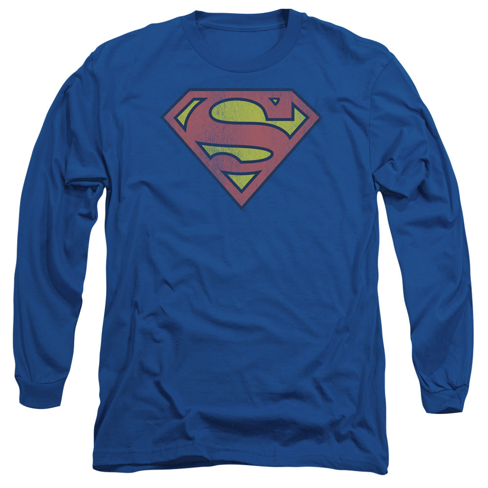 Dc Superman Retro Supes Logo Distressed Mens Long Sleeve Shirt Royal Officially Licensed