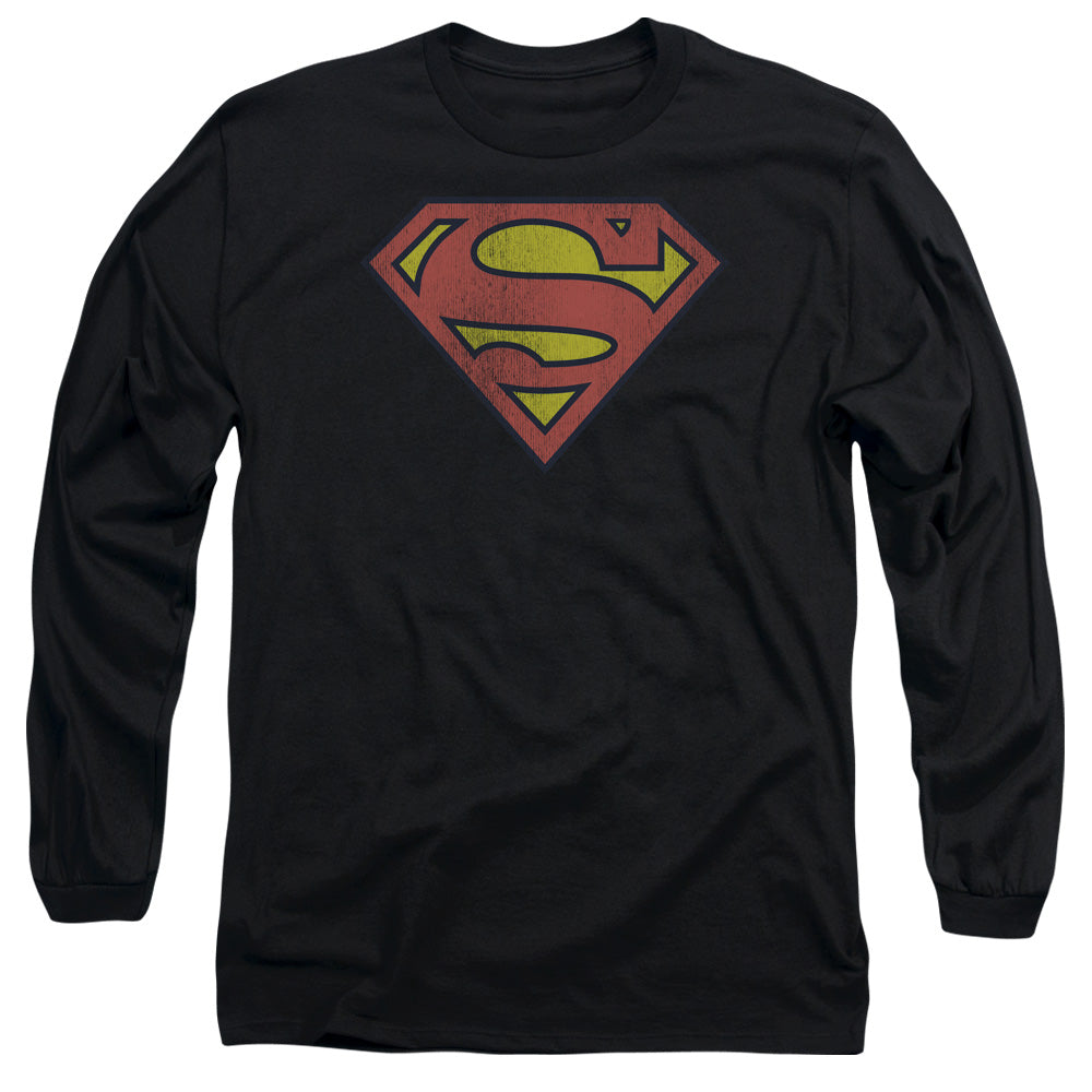 Dc Retro Supes Logo Distressed Mens Long Sleeve Shirt Black Officially Licensed