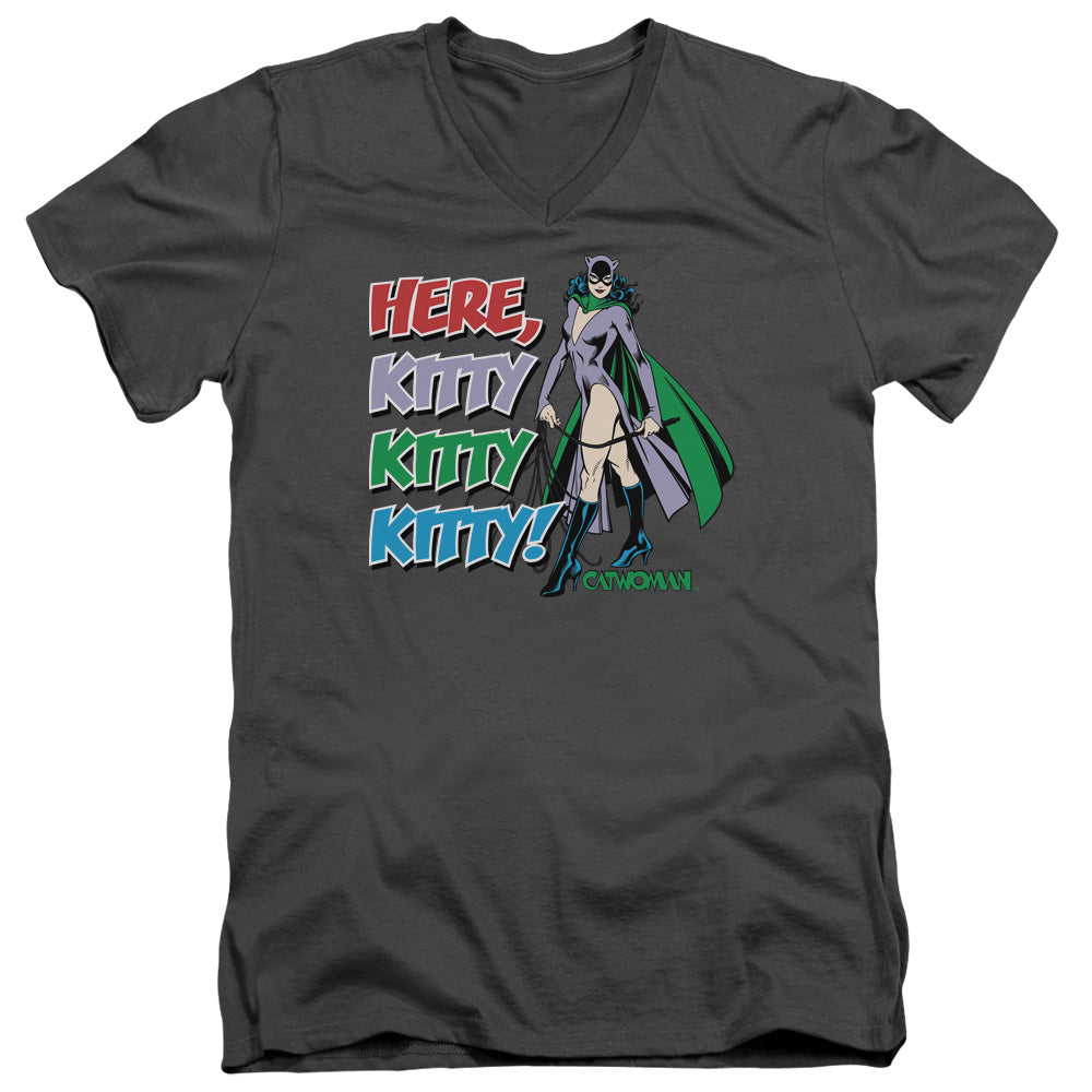 DC Comics Here Kitty Mens Slim Fit V Neck T Shirt Charcoal