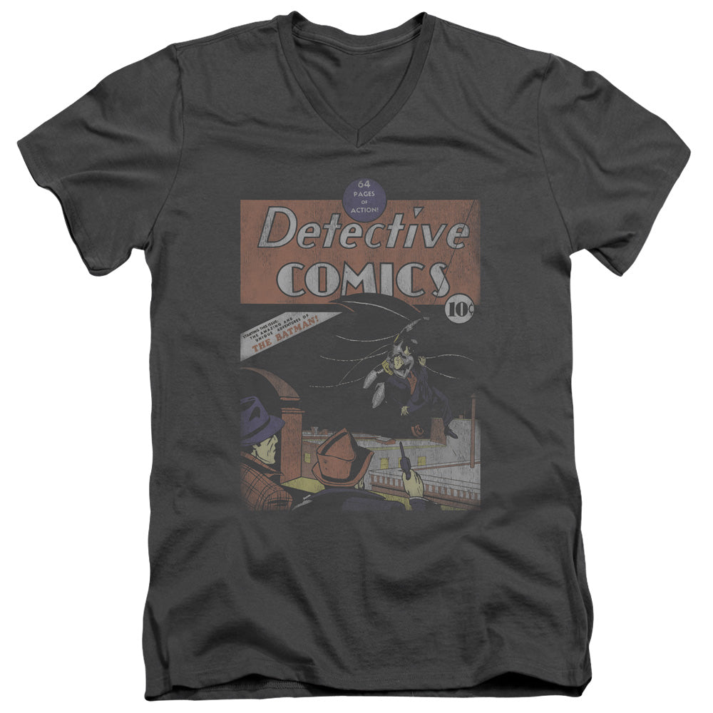 DC Comics Detective #27 Distressed Mens Slim Fit V Neck T Shirt Charcoal