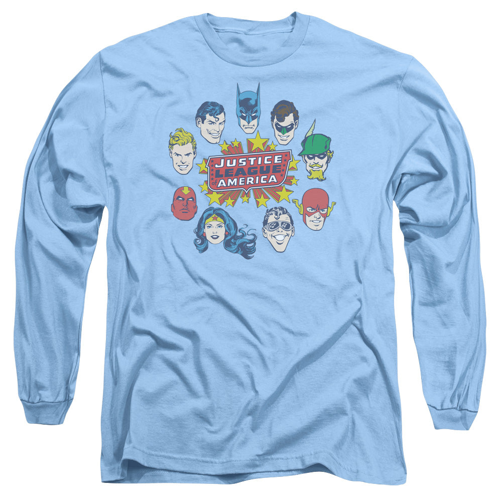 Dc Justice Head Circle Mens Long Sleeve Shirt Carolina Blue Officially Licensed