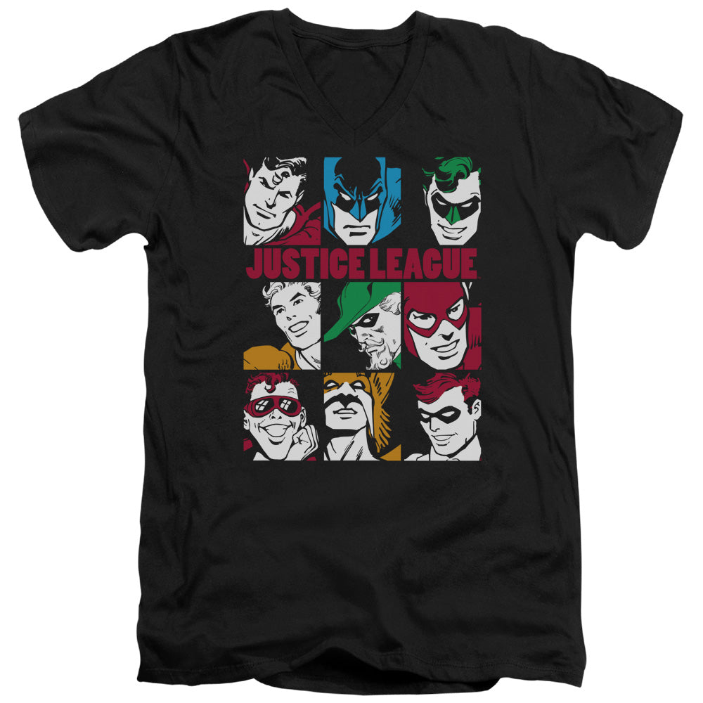 DC Comics Nine Blocks of Justice Mens Slim Fit V Neck T Shirt Black