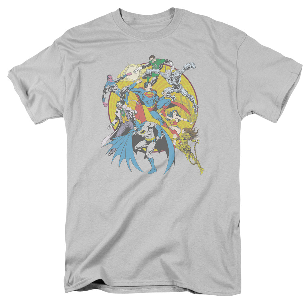 DC Comics Spin Circle Fight Mens T Shirt Silver