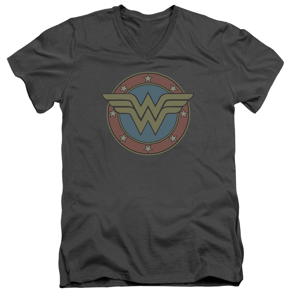DC Comics Ww Vintage Emblem Mens Slim Fit V Neck T Shirt Charcoal