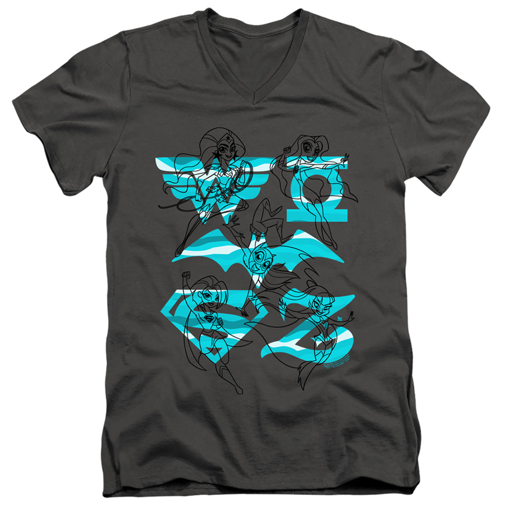 Dc Superhero Girls Line Art Group Mens Slim Fit V Neck T Shirt Charcoal