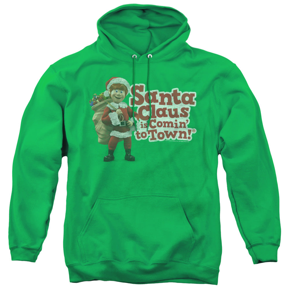 Santa Claus is Comin to Town Santa Logo Mens Hoodie Kelly Green