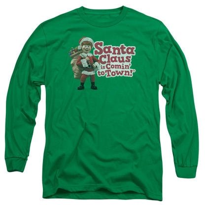 Santa Claus is Comin to Town Santa Logo Mens Long Sleeve Shirt Kelly Green