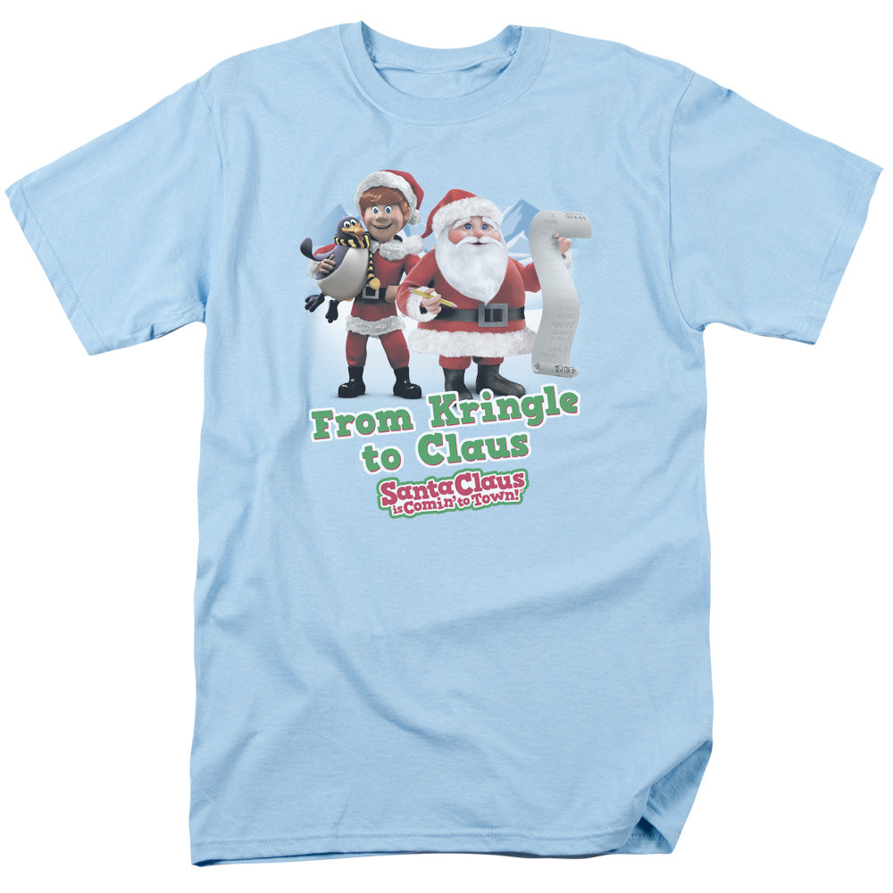 Santa Claus Is Comin to Town Kringle to Claus Mens T Shirt Light Blue