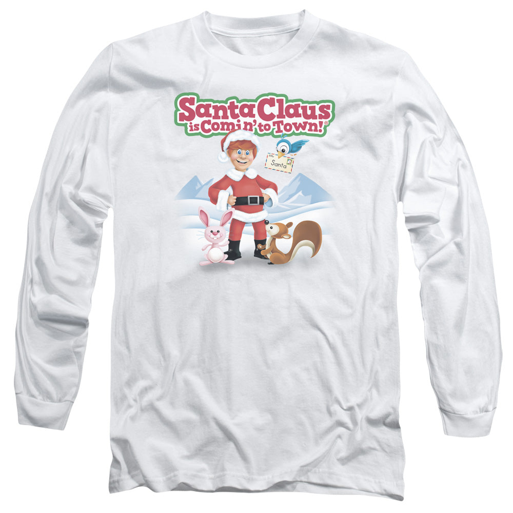 Santa Claus Is Comin To Town Animal Friends Mens Long Sleeve Shirt White Officially Licensed
