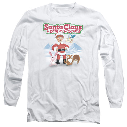 Santa Claus Is Comin To Town Animal Friends Mens Long Sleeve Shirt White Officially Licensed