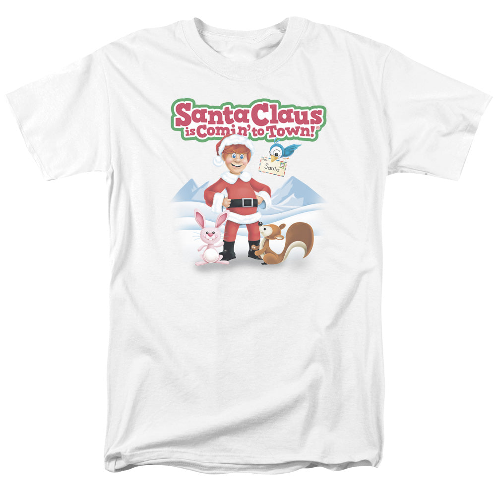 Santa Claus Is Comin To Town Animal Friends Mens T Shirt White