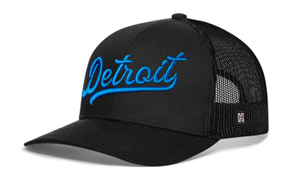 Detroit Blue Script Trucker Haka Hat Black Michigan Snapback