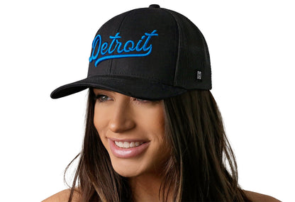 Detroit Blue Script Trucker Haka Hat Black Michigan Snapback