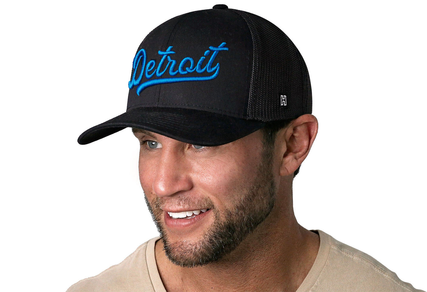 Detroit Blue Script Trucker Haka Hat Black Michigan Snapback