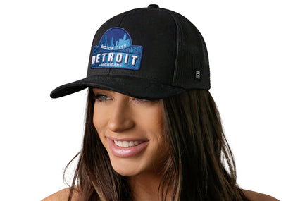 Detroit Motor City Trucker Haka Hat Black Cityscape Snapback