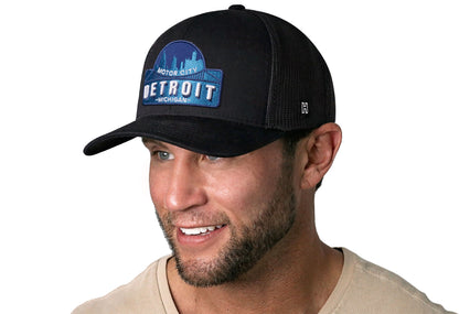 Detroit Motor City Trucker Haka Hat Black Cityscape Snapback